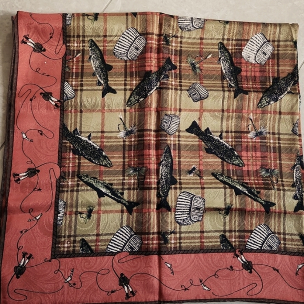 RARE Vintage  Alfred Sung/ Pinky Red Scarf with Fish Print